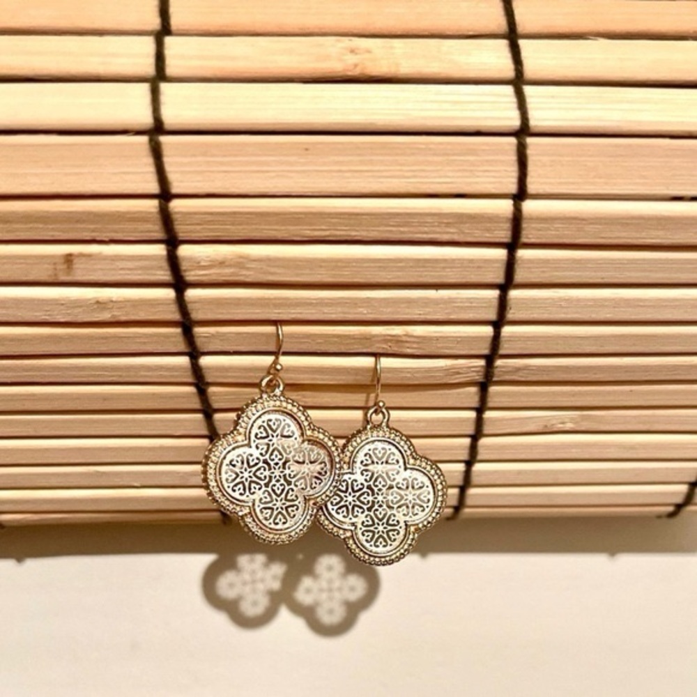 Filigree clover golden & silver plate earrings for pierced ears.